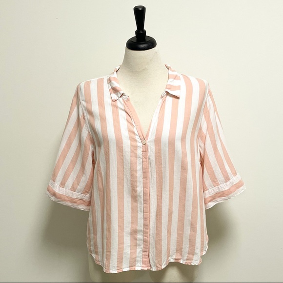 J Crew Peach White Stripe V Neck Button Down 1/2 Sleeve Blouse XL Cotton Collar - Picture 2 of 9